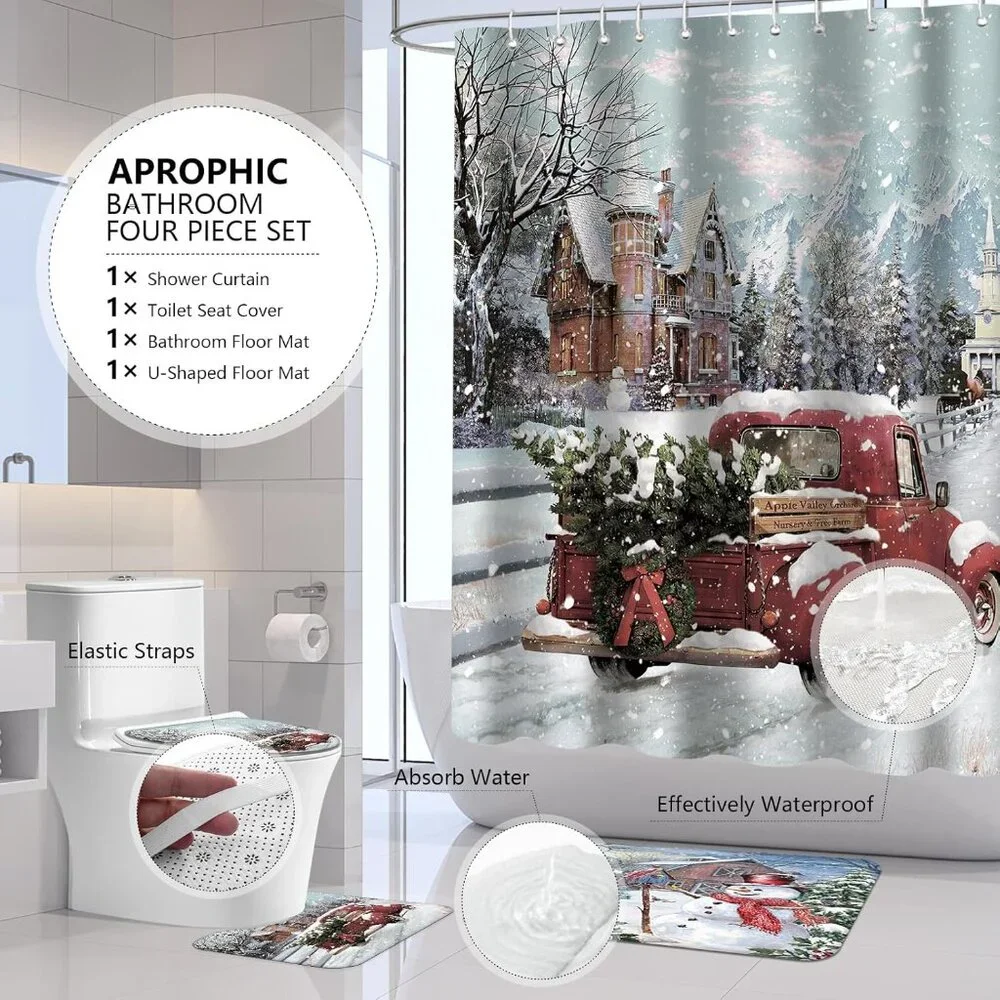 Luxurious 4-Piece Xmas Bath Set – Non-Slip Rugs, U-Shaped Mat & Curtain, 72x72